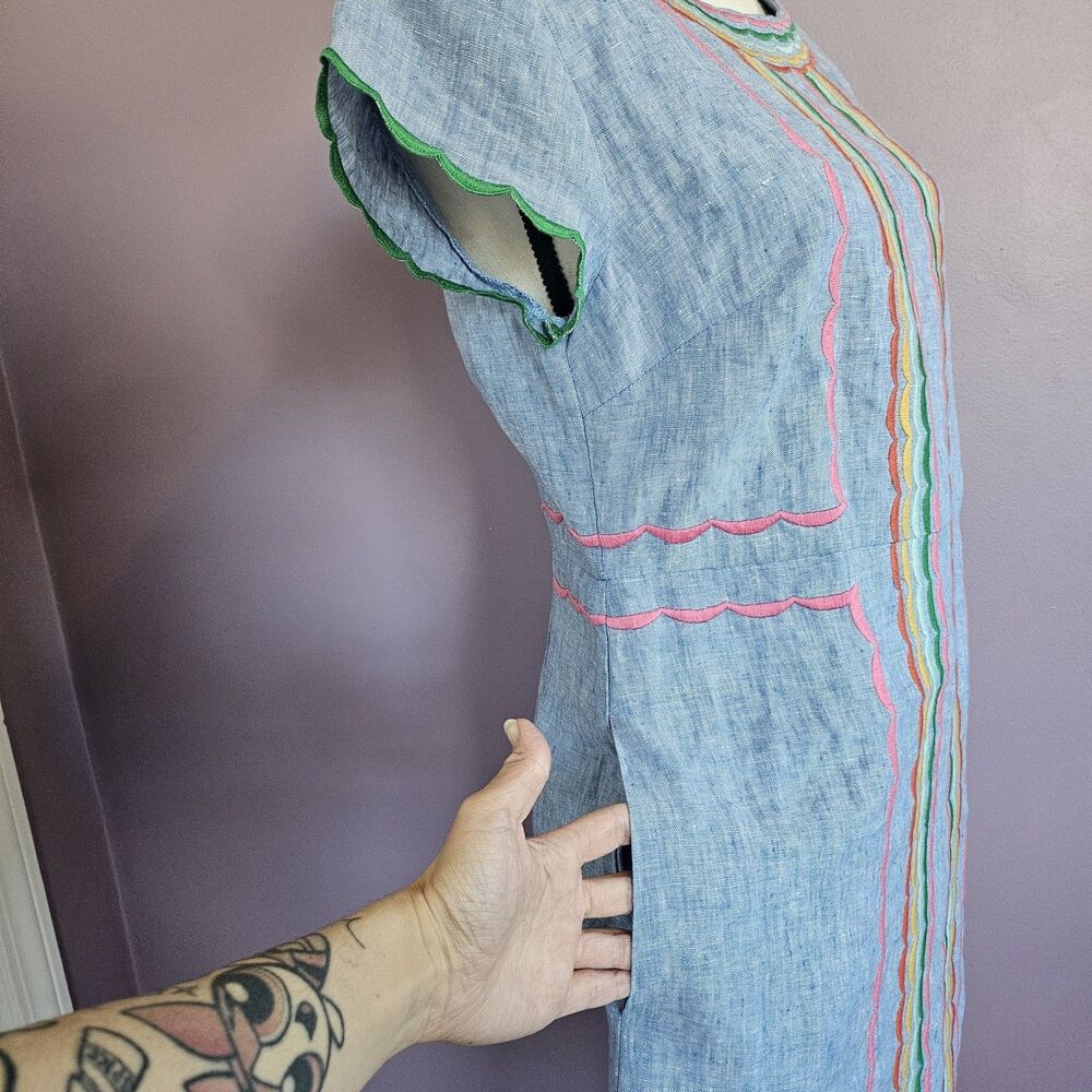 Boden 100% Linen Chambray Laura Embroidered Fiesta Folk Boho Summer Dress - Picture 8 of 13